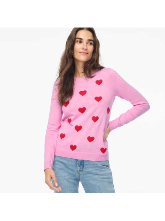 J.Crew Sweaters - J.Crew‎ Teddie Pink Red Heart Intarsia Cotton Crewneck Sweater Size Medium NWT